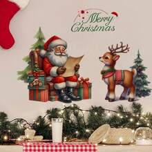 Adorable pegatina de pared de Papá Noel y renos - Calcomanía de PVC extraíble para sala de estar, comedor, entrada, dormitorio - Decoración navideña clásica con "Feliz Navidad" y adornos navideños, decoraciones navideñas, pegatina de ventana navideña extraíble, colgante de ventana navideño, decorativo/adhesivo/pegatina de pared para pared/dormitorio, decoración de pared para el hogar, tatuaje de pared autoadhesivo grande