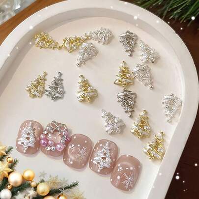 5件套新款圣诞美甲合金饰品轻奢镶钻珍珠圣诞树美甲装饰