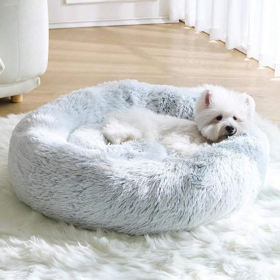 Calming Donut Fluffy Anti-Anxiety Round Washable Cute Plush Cozy Cuddler Warming Soft Comfort Pet Bed For Small To Medium Dogs And Cats, 20-Inch, Light Grey & White - Light Grey White - View 1