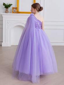 女童蝴蝶结肩部薄纱公主裙，适合生日派对、花童、婚礼、舞会、节日活动 - 淡紫色 - 查看 4