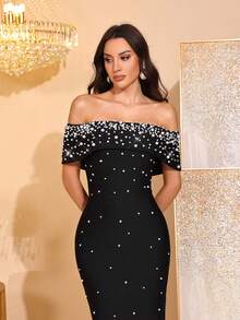 全新优雅珍珠水钻缀饰露肩露背无袖紧身超长绷带连衣裙，女士正式晚礼服，适合正式场合、生日派对、舞会、复活节 - 黑色 - 查看 8