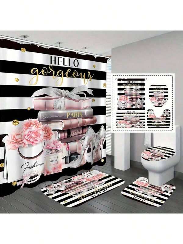 1/4 Pcs Fashion Black & White Striped Shower Curtain Set, Girls Pink Rose Perfume High Heel Shower Curtain & Bath Mat, Comes With 12 Free Hooks, Home Bathroom Accessories, Bathroom Window Curtain Shower Set With 12 Hooks, Bathroom Accessories, Waterproof Polyester Fabric, Anti-Slip Bathroom Mat, Anti-Slip U-Shaped Toilet Mat, Bathroom Divider, Decorative Accessories, Modern Home Room Decor, Hanging Curtain Decor, Suitable For Home Decor, Bathroom Decor, Christmas Decor, Holiday & Daily Decor
