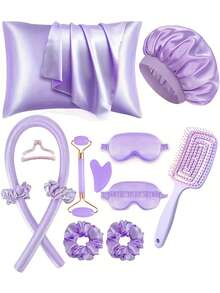 12件套睡眠美发造型工具套装，包含卷发棒、面部按摩器、1个加大双人枕套，适用于头发和皮肤，免加热卷发棒套装，夜间卷发棒，1个睡眠眼罩，1个缎面睡眠帽，女士面部按摩滚轮护肤工具，卷发器，免加热卷发