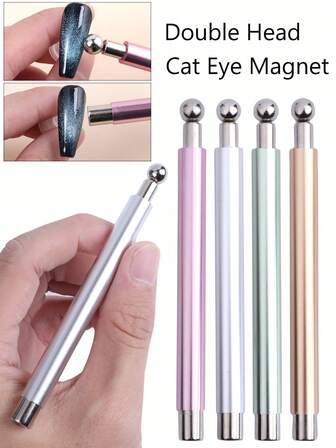 1pc Upgraded Cat Eye Nail Gel With Glass Bead Magnet,Pink/Silver/Green/Rose Gold Cat Eye Magnetic Nail Polish Dual-Ended Magnet Stick,Strong Magnetic Absorption, Multi-Effect Nail Art Design Tools