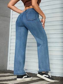 Quần jeans nữ ống đứng dáng rộng có túi, đa năng, thích hợp cho mùa xuân. - Rửa trung bình - Xem 2