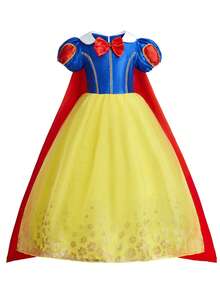 6 件套蓝黄短袖蝴蝶结女童斗篷裙、皇冠、魔杖、手套服装套装，儿童圣诞节和万圣节派对角色扮演服装 - 藍黃色 - 查看 2