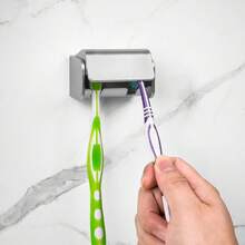 Toothbrush Holder Wall Mounted With Cover For Bathroom, Toothbrush Storage Organizer For Shower, Self Adhesive Toothbrush Hanger With Automatic Toothpaste Squeezer Dispenser - Silver - View 1