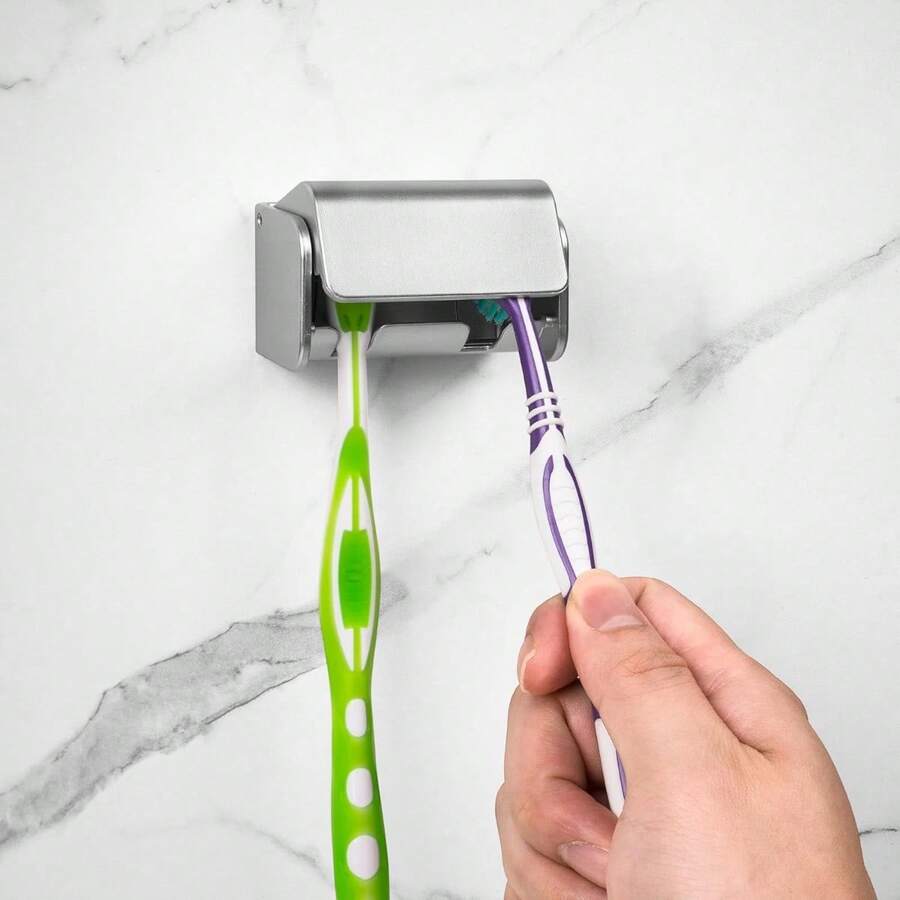 Toothbrush Holder Wall Mounted With Cover For Bathroom, Toothbrush Storage Organizer For Shower, Self Adhesive Toothbrush Hanger With Automatic Toothpaste Squeezer Dispenser - Silver - View 1