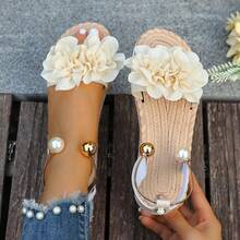 Floral Beach Slip-On Sandals For Women, Sweet Bohemian Style, Versatile For Beach Vacation, Non-Slip Soft Sole - Beige - View 13