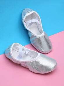 儿童室内训练鞋，舞蹈表演鞋，四季皆宜，有光泽，耐脏，耐磨，全弹力面料，软底，舒适，耐磨，松紧带，无鞋带芭蕾舞鞋 - 銀色 - 查看 4