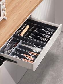 1 szt. Duży organizer na zastawę stołową, wykonany z tworzywa sztucznego PP, odpowiedni na blat kuchenny, do przechowywania w szufladach szafek, z przegródkami na sztućce, przybory i narzędzia