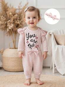Conjunto de 3 piezas para bebé niña, otoño, mono de manga larga con estampado del alfabeto + pantalón de punto a rayas + diadema ajustable con lazo, mezcla de algodón suave, talla 1-18 meses, perfecto para uso diario y fotos familiares. - Rosa - Ver 4