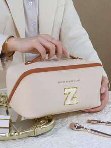 High Quality PU Travel Makeup Bag, Letter Printed Makeup Bag, Multi-Functional Travel Organizer Bag, Large Capacity Layered Cosmetic Bag, Cosmetics Organization And Storage, Toiletry Bag, Travel Essentials, Cruise Makeup Bag, Makeup Case, Unisex Travel Necessity Make Up Bag