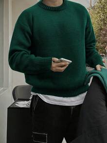 Herren lässiger, weiter Pullover in Einfarbig, Streetwear im amerikanischen Stil, Rundhalsausschnitt, Langarm, vielseitig einsetzbar, Herbst/Winter - Dunkelgrün - Übersicht 1
