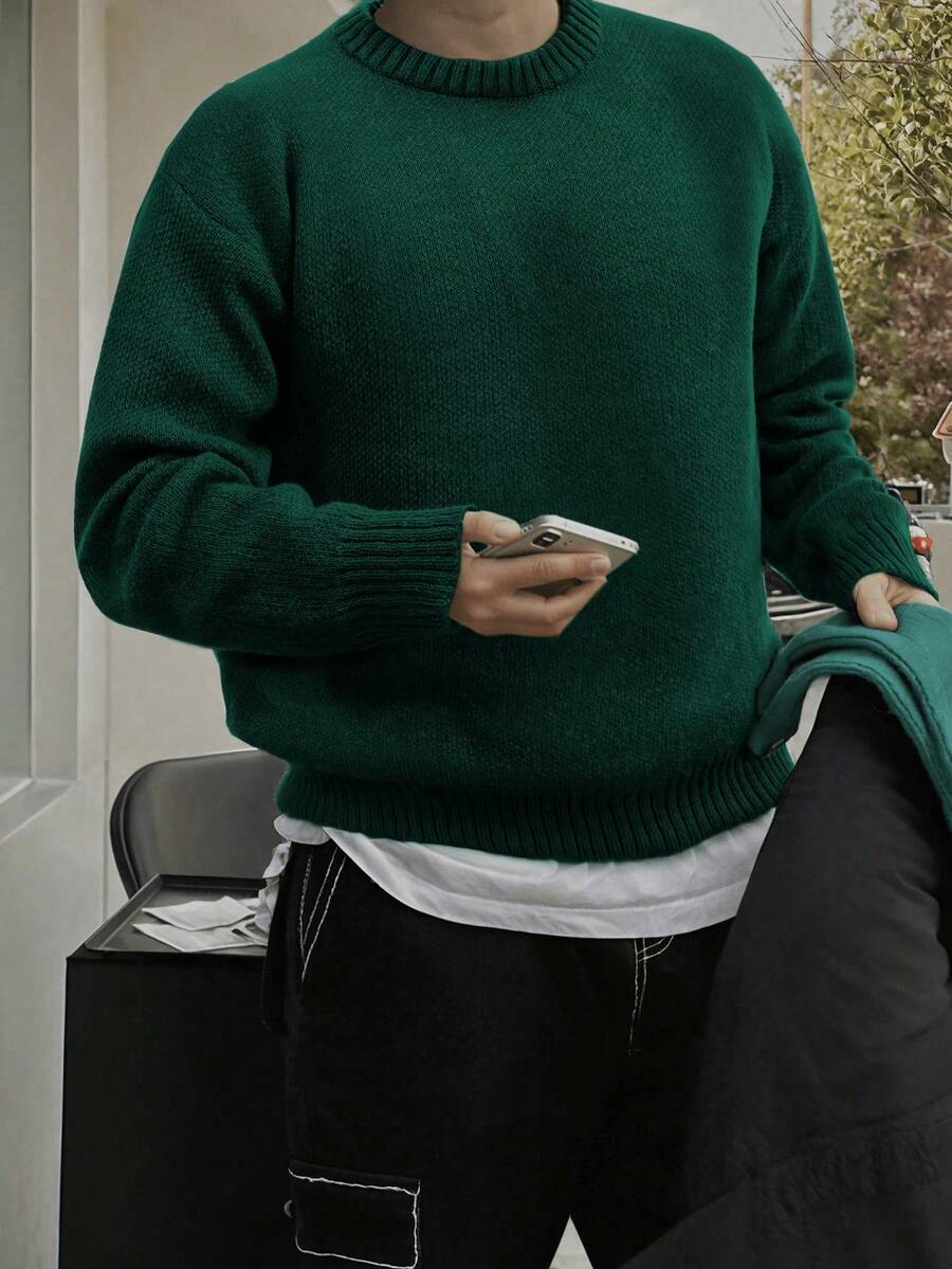 Herren lässiger, weiter Pullover in Einfarbig, Streetwear im amerikanischen Stil, Rundhalsausschnitt, Langarm, vielseitig einsetzbar, Herbst/Winter - Dunkelgrün - Übersicht 1