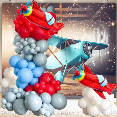 109件套复古喷气式飞机主题气球拱门套装，包含2个喷气式飞机铝箔气球、红色、白色和蓝色乳胶气球，适用于生日、周年纪念派对、纪念日和飞机主题公共活动装饰。