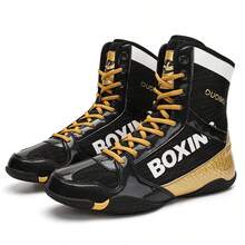 Men's Professional Wrestling Shoes, High-Top Competition Training Shoes, Wrestling Shoes & Fitness Boots, Colorful Patchwork Sports Shoes, Synthetic Leather & Mesh Material, Indoor Fitness Non-Slip Boxing Training Shoes, Suitable For All Seasons, Size: 36-46 - Black Gold - View 18