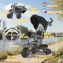 QABA Toddler Tricycle, 6 In 1 Foldable Kids Trike With Adjustable Push Handle, Removable Canopy, Rotatable Seat, Safety Harness, Detachable Guardrail, For 1-5 Years Old, Black - 黑色 - 查看 2