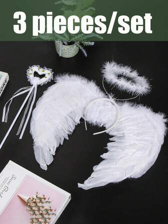 Juego de 3 piezas/1 set de plumas artificiales hechas a mano, alas de ángel blanco y negro, diadema con alas, bastón de hada, adecuado para actuaciones en el escenario, para que las fashionistas se tomen fotos, y para asistir a bailes formales y dignos. Accesorios para fiestas de Halloween y cosplay.