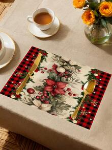 1pc Christmas Poinsettia Table Runner, Christmas Decor Table Runner, Christmas Linen-Like Table Runner, Table Runner, Table Runner, 1pc Table Runner, 4pcs Placemats, 1pc Pillow Cover, 3 Products Available, Seasonal Home Decor Indoor/Outdoor Party Supplies, Winter Home Decor, Christmas Decoration, Christmas Room Decor, Christmas Party Decoration