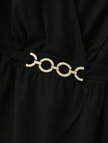 Plus Size Women's V-Neck Cinched Waist Metal Buckle Decor Lantern Sleeve Long Sleeve Blouse, Suitable For Outings, Office Wear, Dates, Spring/Autumn/Winter - Black - View 5