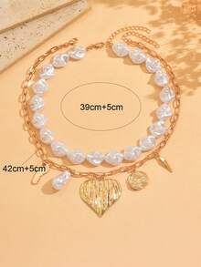 2pcs/Set Luxury Exquisite Faux Pearl Beaded Necklace, Elegant Gold Chain Necklace With Heart & Key Pendant, Suitable For Daily Wear, Dates And Gatherings - Multicolor - View 4