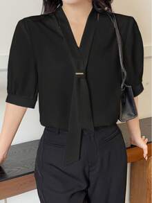 女士休闲及办公纯色系带短袖衬衫 - 黑色 - 查看 4