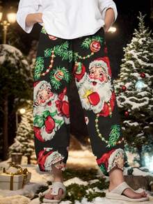 Women's Fashionable Casual Vacation Style Elegant Versatile Outdoor, Home, Travel, Work Pants, New Autumn/Winter Design With Santa Claus Print And Pockets