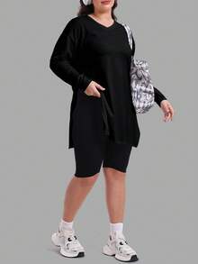 SUPEKYKO Plus Size V-Neck T-Shirt - Women Loose Fit Activewear Top, Casual Long Sleeve Shirt - Black - View 6