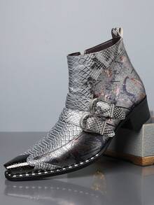 1双男士蛇纹压花银色图案高帮PU皮革鞋面橡胶鞋底套脚休闲切尔西靴，适合休闲活动 - 銀色 - 查看 6
