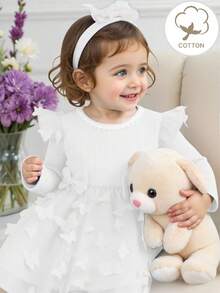 Baby Girl Pink Long Sleeve Ruffle Collar Mixed Butterfly Net Mesh Dress & 2 Pieces Outfit, Cute For Parties, Spring & Autumn