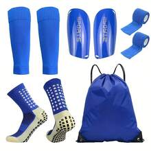 5-Piece Soccer Sports Gear Set With Silicone Grip Football Socks, Shin Guards, Protective Gear, Drawstring Backpack And Sports Tapes - Polyester And Elastane Knitted Tube Socks Solid Color Hand And Machine Washable