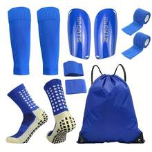 5-Piece Soccer Sports Gear Set With Silicone Grip Football Socks, Shin Guards, Protective Gear, Drawstring Backpack And Sports Tapes - Polyester And Elastane Knitted Tube Socks Solid Color Hand And Machine Washable