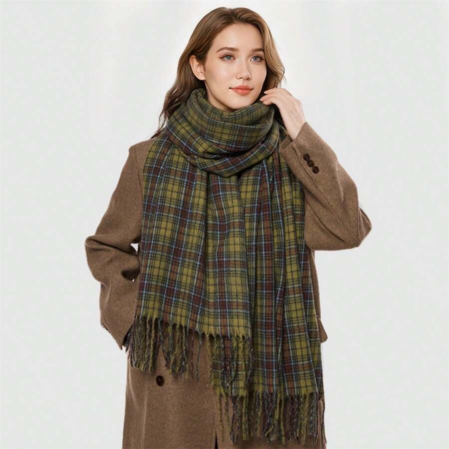 Bufanda a cuadros para mujer, elegante chal con borlas, estolas cálidas de invierno para uso diario informal - Multicolor - Ver 1