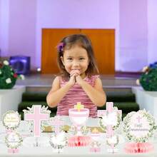 D12Pcs First Holy Communion Party Decorations - Pink White Religious Cross Chalice And  Centerpieces Honeycomb Centerpieces Tables Photo Props Party Plies For Child S Bled Celebration - Hồng - Xem 5