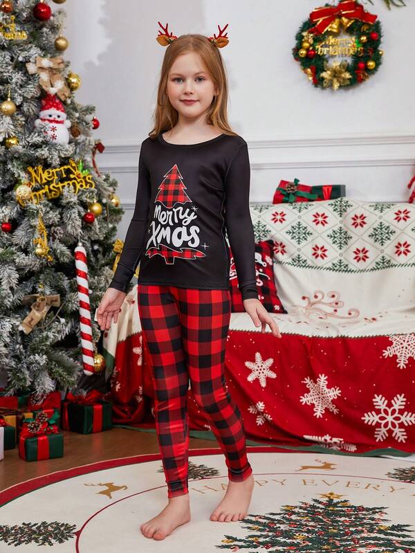2pcs/Set Girls Christmas Family Matching Snug Fit Pajamas, Fun Letter & Christmas Tree Plaid Print Long Sleeve Top And Pants, Soft & Comfortable Sleepwear Set, Holiday Gift, Party Pajamas, Autumn/Winter