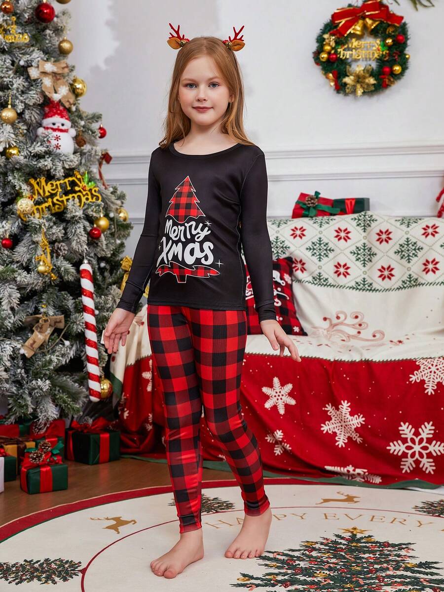 2pcs/Set Girls Christmas Family Matching Snug Fit Pajamas, Fun Letter & Christmas Tree Plaid Print Long Sleeve Top And Pants, Soft & Comfortable Sleepwear Set, Holiday Gift, Party Pajamas, Autumn/Winter