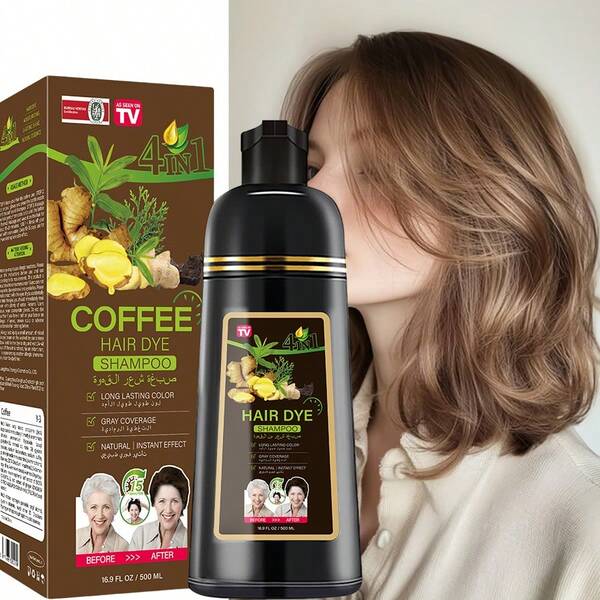 500ml - Plant Extract, Unisex 4-In-1 Herbal Hair Coloring Shampoo - Instantly Covers Gray Hair, Nourishing, Gentle, Non-Irritating, Unisex, Long-Lasting Color, Fashionable Hair Color, Instant Hair Coloring Shampoo, Long-Lasting 4-In-1 Hair Color, Semi-Permanent Hair Color. Coffee Brown Shampoo.
