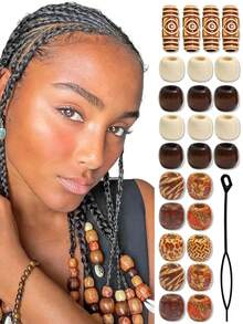Large Hole 100 Beads Wooden Painted Hair Beads, Hair Accessories, Hair Style Beads, Suitable For Braiding, Plaiting And DIY (Including Black Professional Needle) Hair Clips, School Stuff
