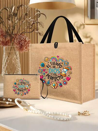 Leinen Schnallen Shopper Tasche und Make-up Tasche, süßes EITIEMPO Muster Design, bunte Muster, inklusive große und kleine Geldbörsen, Handtaschen, Münzbörsen, Handtaschen und Geldbörsen, Kartentaschen, multifunktionale tragbare Tasche für Lehrer, Leinen Tasche als Geschenk für Lehrer, Geschenk für Frauen, tragbare Lässig Aufbewahrungstasche