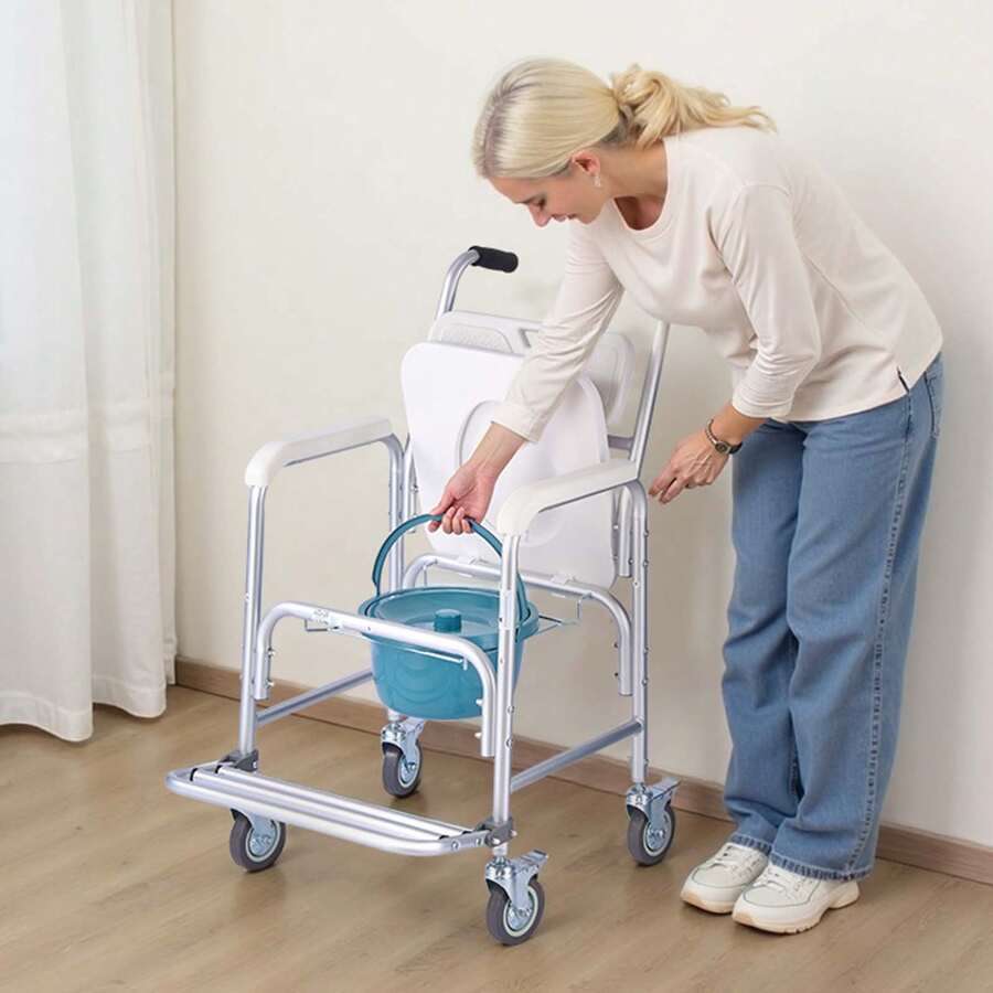 Bedside Commode Chair With Wheels, 350 Lbs Capacity, 4-In-1 Portable Toilet And Raised Toilet Seat With Padded Seat/Backrest/Flip-Up Footrest, Detachable 5L Bucket, Shower Wheelchair For Seniors - 350 Lb - View 1