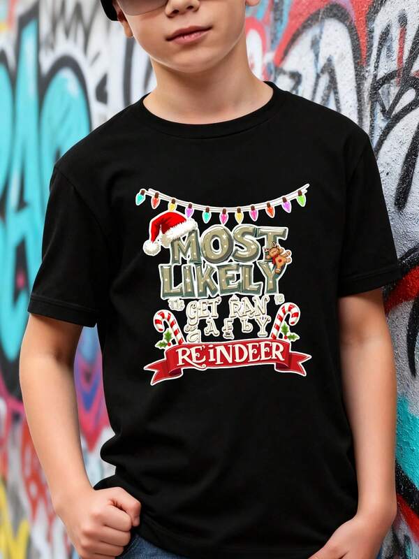 Playeras de niño Más Probable a Asustar al Reno camisas para niño blusas para adolescentes Camiseta de Halloween para niñas Camisetas navideñas Camisetas de niña Regalos navideños Camisetas para niños y niñas La tela es suave, transpirable y cómoda, hecha de puro algodón.