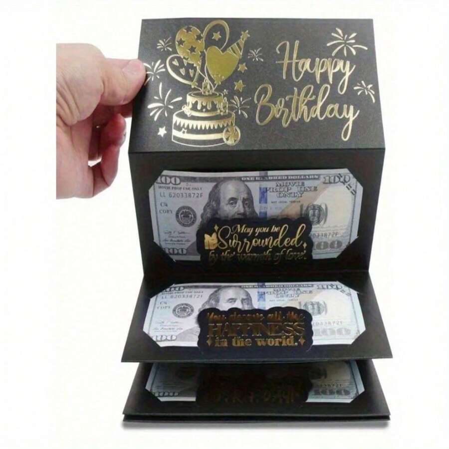 1pc  Surprise Birthday Cash Gift Envelope With 6 Slots - Classic Black Gold Design, Holiday Purse For Men And Women, Unique Souvenir For Any Birthday Celebration, Cartoon Fantasy Theme, Cash Gift Display. Elegant Gift Envelope.