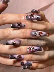 Sanrio Instantly Upgrade Your Look With This 24pcs Long Square Full Set Of False Nails! Blending Vintage Elegance, Luxurious Dreaminess, Modern Sophistication And Fresh Vibes, It Features Gradient Purple-Brown Hues, 3D Dark Purple Floral Patterns