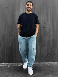 Ondway Men's Light Denim Cargo Pants With Drawstring Waist And Slight Stretch Long Trousers Loose And Casual Streetwear Skateboard Unisex - 輕便牛仔褲 - 查看 5