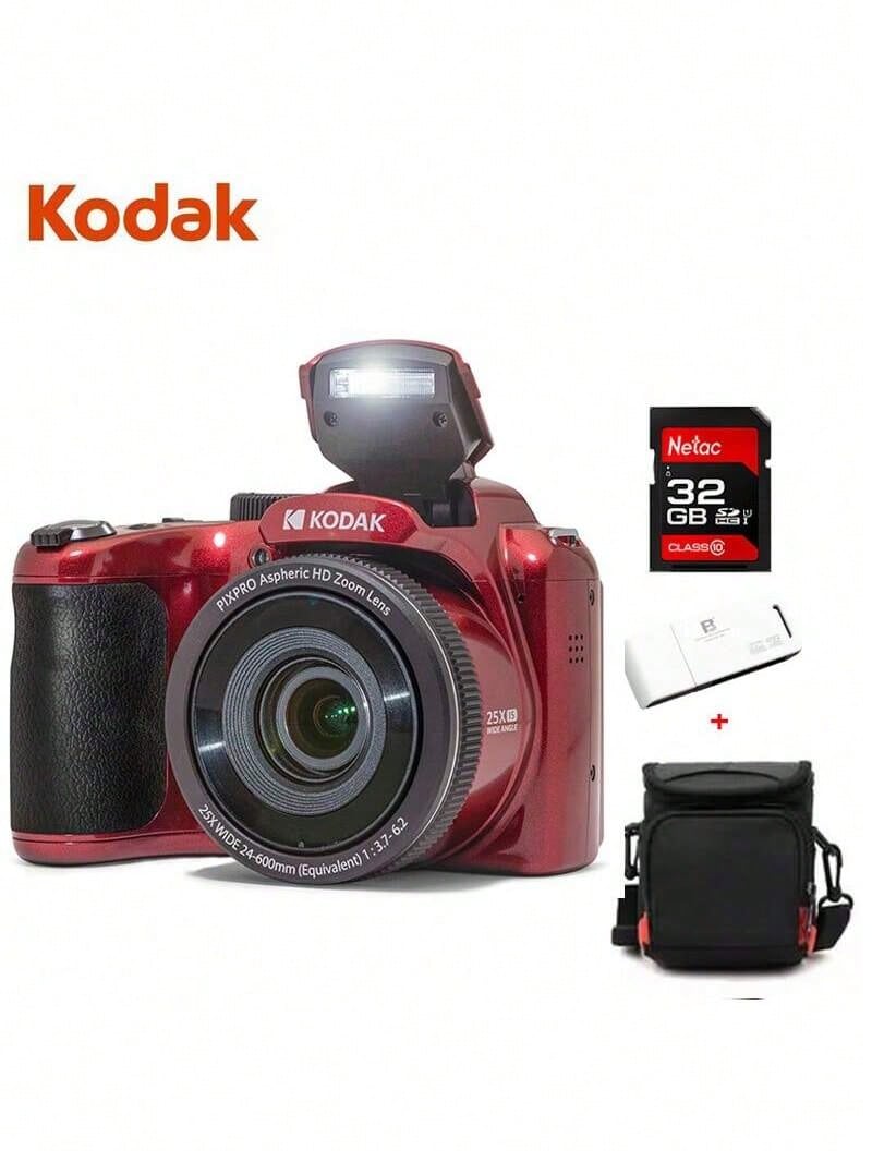Kodak AZ255 Reisefotografiekamera, 25-facher optischer Zoom, optische Bildstabilisierung, 16,35 MP, 24 mm Weitwinkel, HD-Video, 3-Zoll-Bildschirm, CMOS-Sensor, rote Verpackung