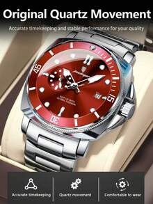 POEDAGAR 男士不锈钢日期防水夜光石英表，带旋转表圈和小秒针表盘设计，高端绅士腕表，适合商务场合，男士礼品 - 紅色 - 查看 8