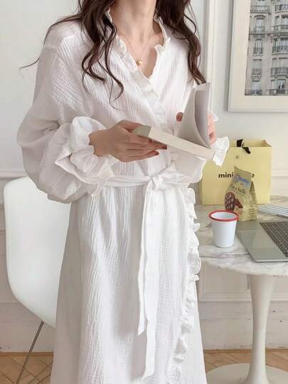 1 Áo choàng dài tay tối giản, đồ ngủ màu trơn nhẹ nhàng xếp nếp ngọt ngào dành cho nữ, mùa xuân/thu