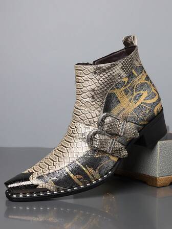 1双男士金属装饰尖头高帮PU皮鞋面橡胶鞋底套脚平底商务休闲切尔西靴，适合时尚派对