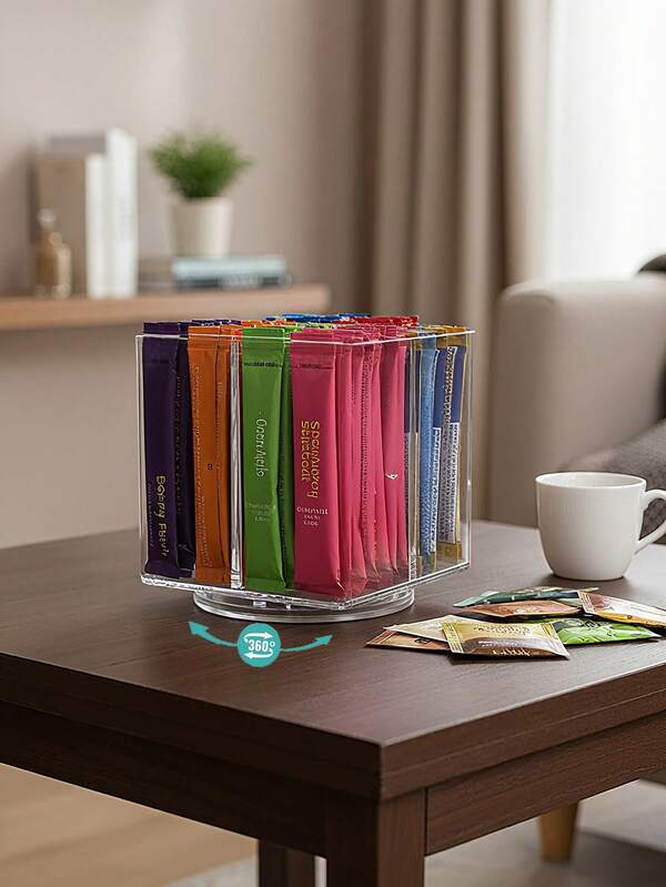 1pc Clear Drink Packet Organizer,Desktop Rotating Tea Bag Coffee Divided Storage Box,Reusable Storage Organizer For Coffee Station, Cabinet, Pantry, Countertop, Office, Kitchen,Cosmetic Box.